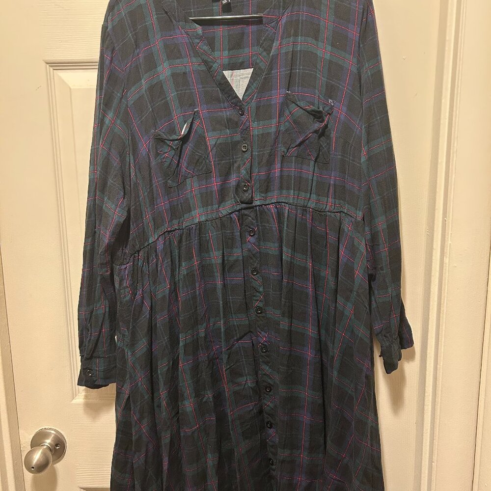 Torrid Black Plaid Long Sleeve Button Down Pocket Dress 2X